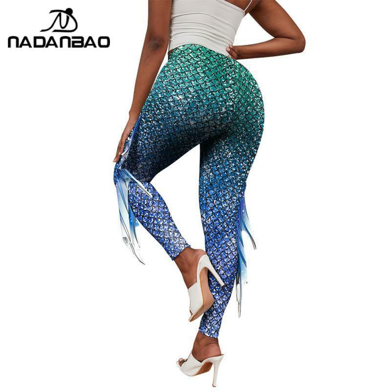 NADANBAO-سراويل نسائية مطبوعة حورية البحر ، قيعان أزياء ثلاثية الأبعاد ، طماق تأثيري ، بنطلون اليوغا الضيق ، قشور السمك