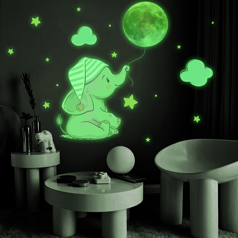 الطفل الفيل القمر مضيئة الجدار ملصق للطفل الاطفال غرفة نوم المنزل الديكور الشارات توهج في الظلام مزيج ملصقات