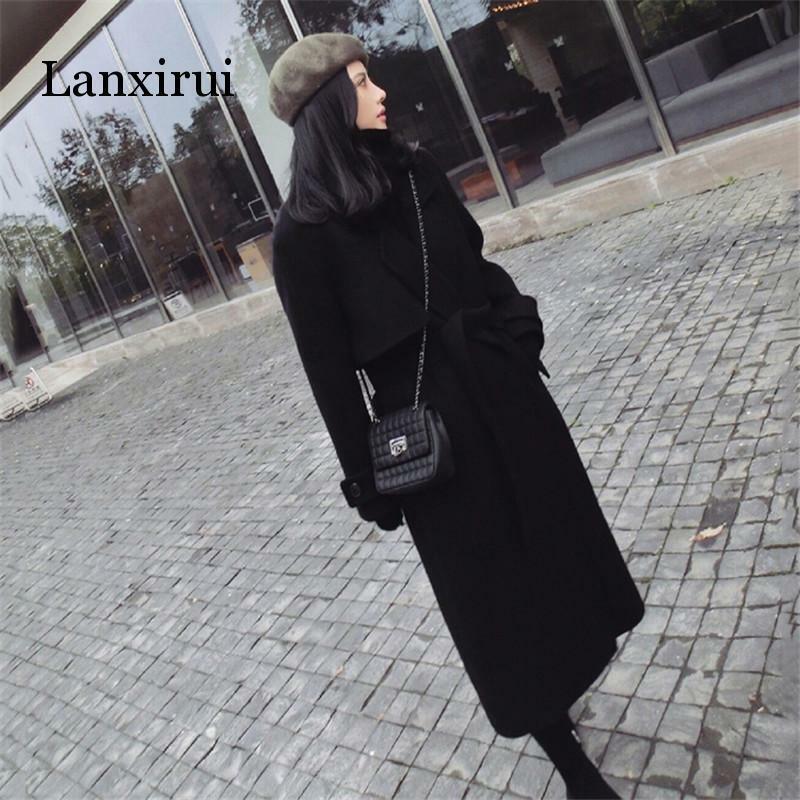 الشتاء النساء الكشمير الصوف سترة موضة جديدة متوسطة طويلة فضفاضة الصوفية معطف أسود ضئيلة طويلة الأكمام الصوفية ملابس خارجية