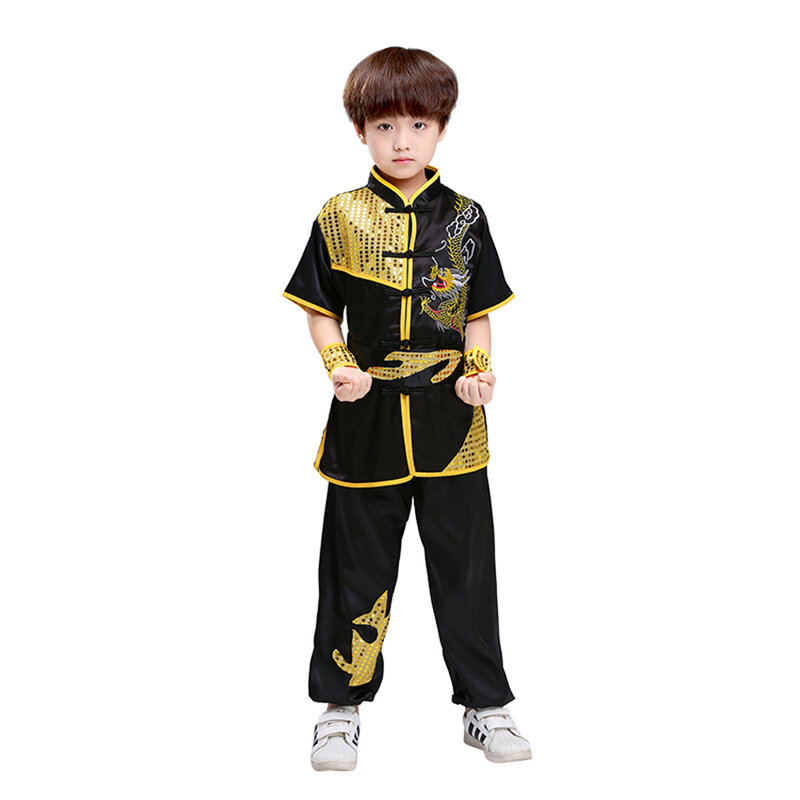الأطفال الصينية التقليدية نمط الملابس مجموعة الترتر التنين التطريز طويلة وقصيرة الأداء تاي تشي الكونغ فو الزي الرسمي