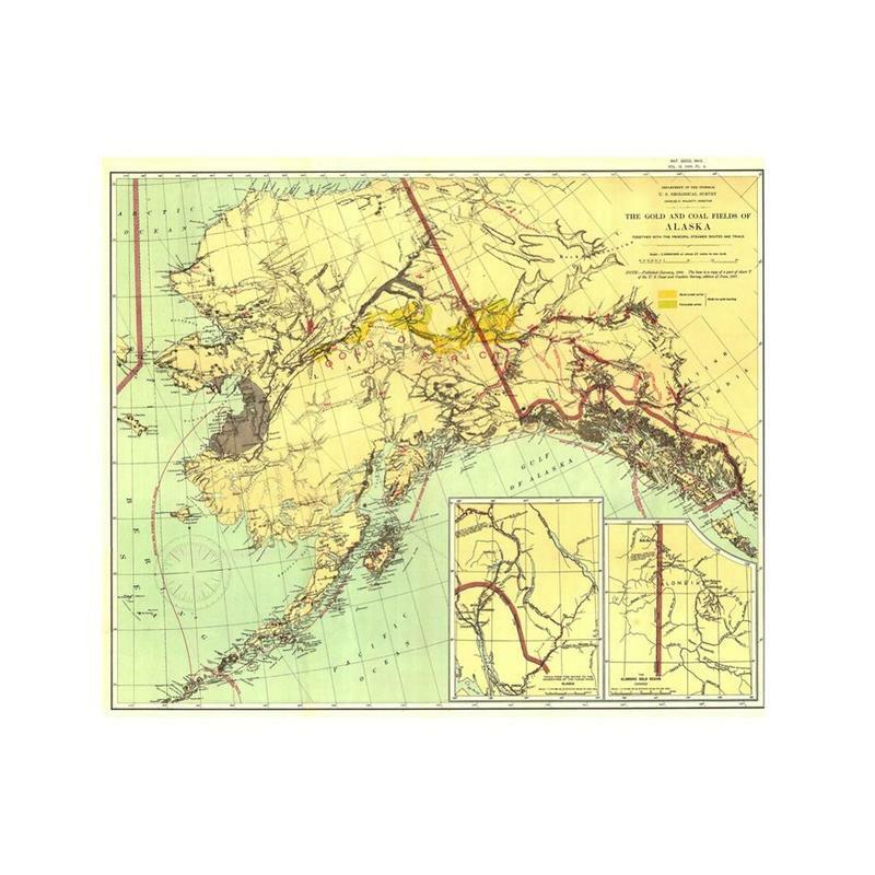 خريطة غير منسوجة بطول 5 × 5 أقدام ، وحقول الذهب والفحم في ألاكا في إصدار 1898 ، وخريطة لغرفة المعيشة ، وديكور جدران المكتب