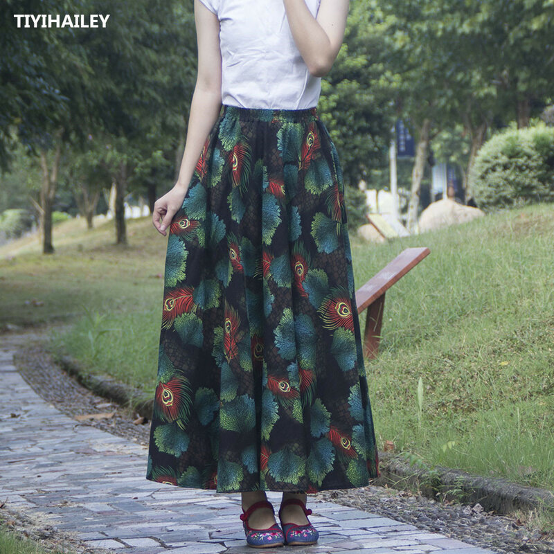 Tiyihaily-تنورة طويلة من القطن والكتان ، ملابس نسائية عالية الجودة ، خصر مرن ، طباعة الأزهار ، للربيع والخريف ، شحن مجاني