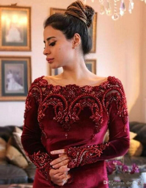 فستان سهرة عربي دبي مخملي عنابي مع ياقة مزيّنة بالخرز وأكمام طويلة ملابس رسمية للعطلات فستان حفلة موسيقية Vestidos De Noche