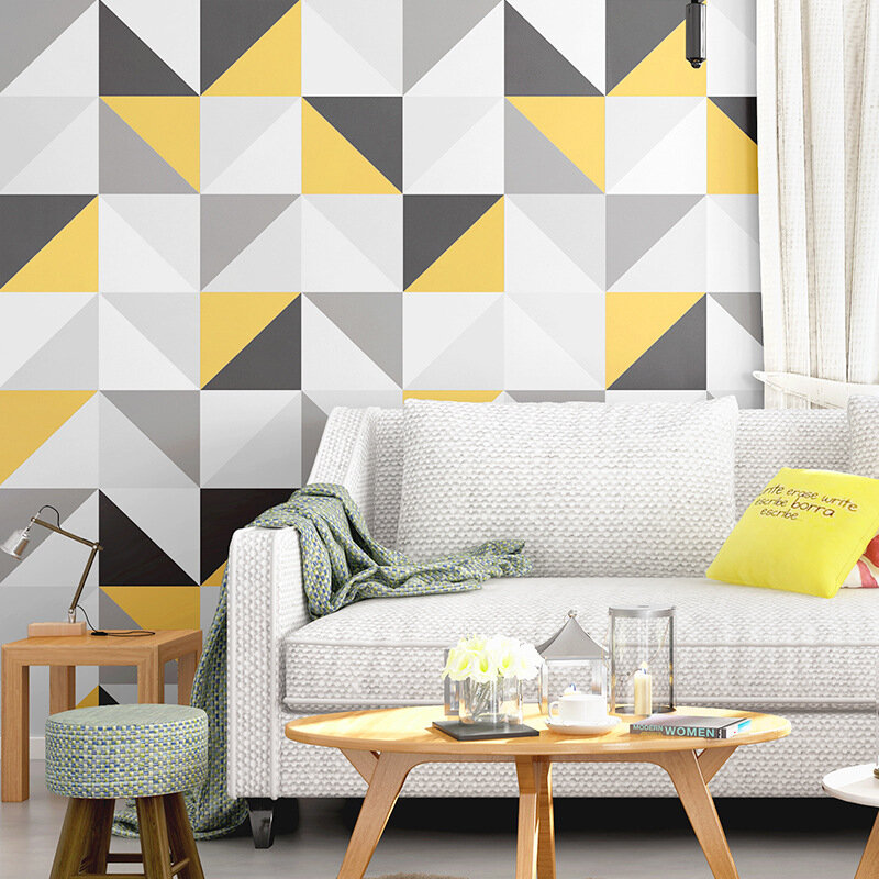 ورق حائط لغرفة النوم باللون الرمادي والأصفر قابل للإزالة ورق حائط مثلثات هندسية حديث مطبوع عليها جيو ورق حائط غير ذاتي اللصق 9.5 متر