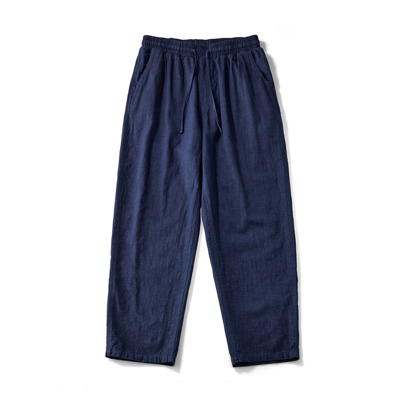 اليابانية الرجعية النيلي البضائع السراويل الرجال متعددة جيوب فضفاض بنطال ذو قصة أرجل واسعة القطن الكتان أربعة الموسم عادية مستقيم طويل بنطلون