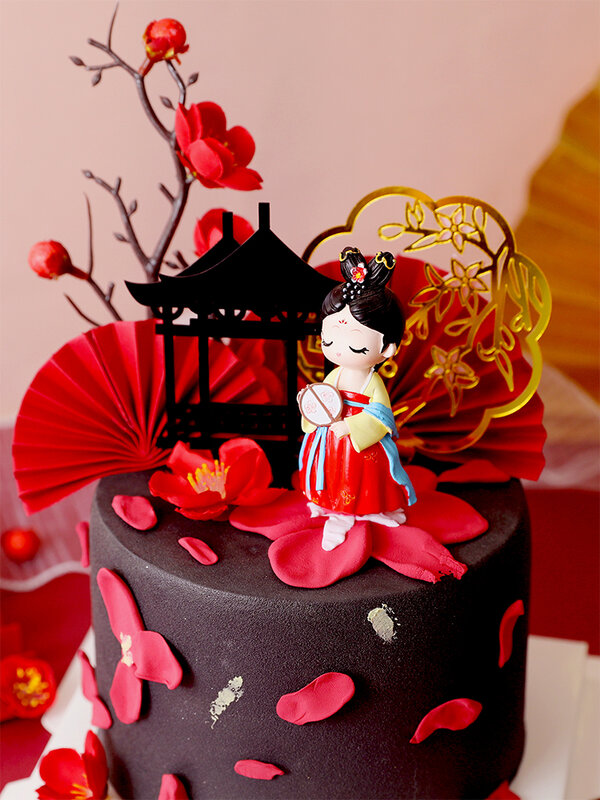 المحكمة الرجعية الأحمر Hanfu الصينية فتاة كعكة توبر ل زهرة حفلة عيد ميلاد الديكور نعمة لوازم الخبز الحلوى