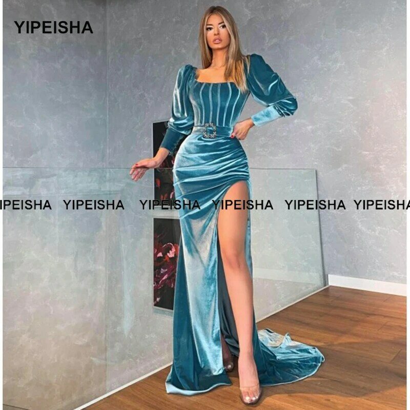 Yipeisha فستان سهرة مخملي طويل أنيق ورقبة مربعة فستان حفلات حورية البحر بأكمام طويلة وفتحة جانبية 2021
