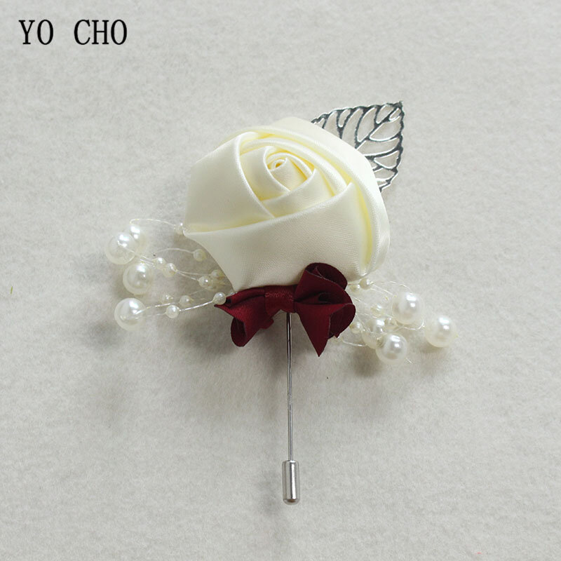 YO CHO-بروش زفاف من الحرير مع ورود للعريس ، دبوس بفتحة للعروة ، مخطط زفاف للرجال