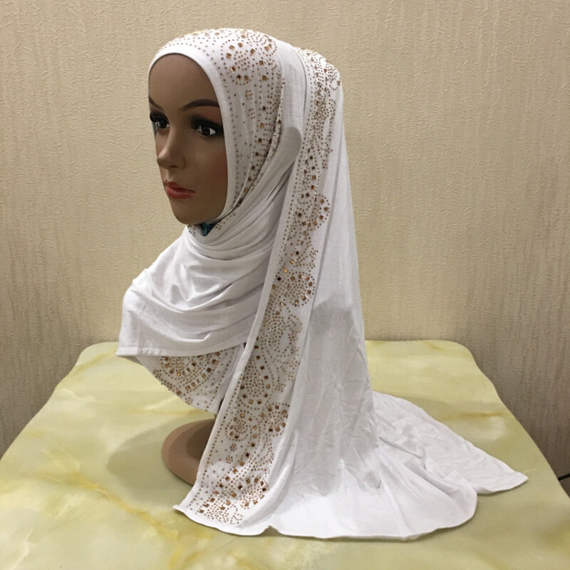 الذهب حجر الراين جيرسي وشاح الرأس الحجاب بلون للنساء الحجاب تربان إسلامية شالات طويلة تغطي يلتف S الحجم 160X50CM