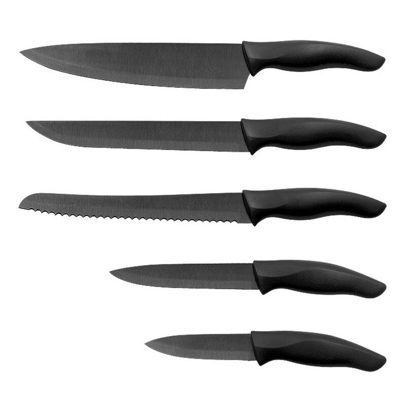 6 pcsمزورة المطبخ طقم السكاكين ماتي الأسود التيتانيوم مطلي طقم السكاكين الفولاذ المقاوم للصدأ شارب سكين احترافي طقم السكاكين مع غمد