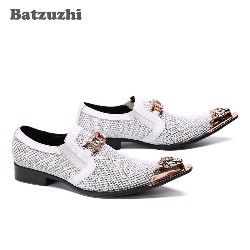 Batzuzhi-أحذية جلدية للرجال ، أحذية فاخرة مصنوعة يدويًا ، طرف معدني مدبب ، للحفلات والزفاف