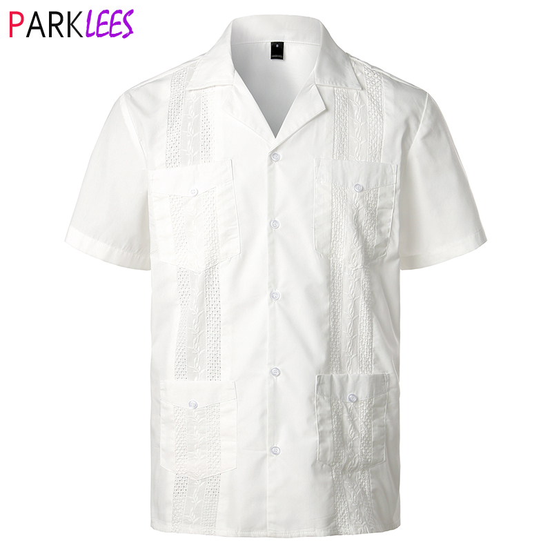 قميص كامب غواياميرا أبيض كوبي للرجال قميص أنيق منسوج مطرز بأزرار وأسفل قمصان رجالي على طراز البحر الكاريبي المكسيكي قمصان للشاطئ 2XL