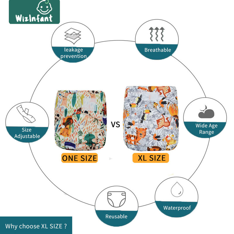 Wizbaby حجم كبير XL صديقة للبيئة القماش الحفاض قابل للغسل قابل لإعادة الاستخدام حفاضات الطفل غطاء صالح 2-5 سنوات الطفل