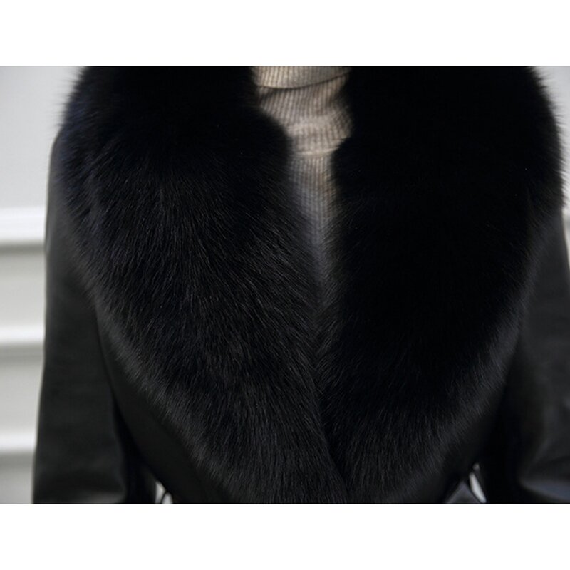 SWYIVY-معطف جلدي نسائي بياقة من فرو الثعلب ، معطف طويل متوسط ، معطف جلد صناعي ، مجموعة شتاء جديدة 2019