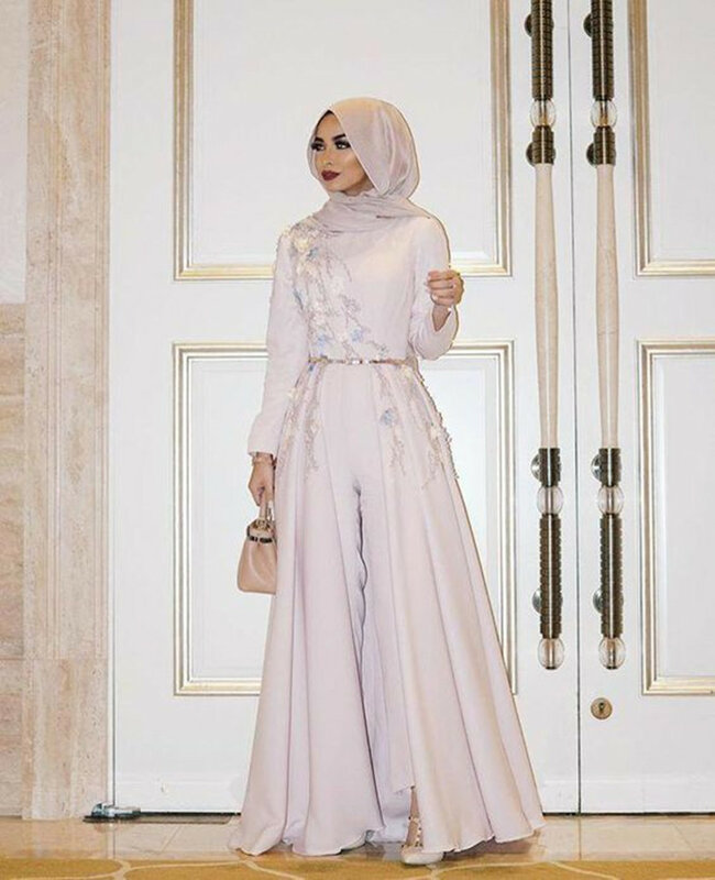 فستان سهرة إسلامي طويل الأكمام عاجي 2021 رداء مطرز سهرة إسلامي دبي حجاب فساتين سهرة بدلة رسمية للحفلات الراقصة