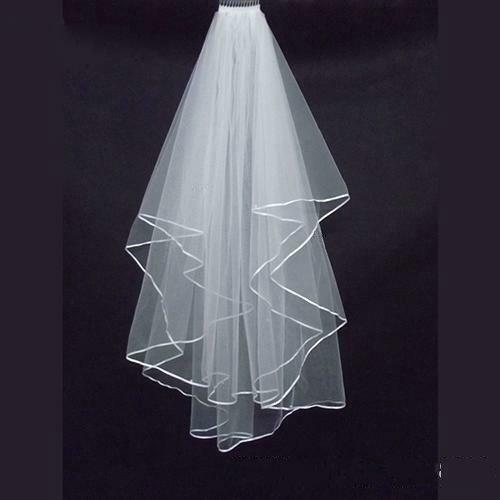 جميلة بيضاء عاجية 2 طبقات الحجاب الزفاف طول الكوع الشريط الساتان الحافة مع مشط في الأوراق المالية