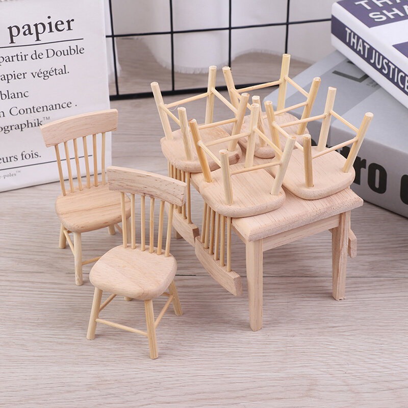 1:12 دمية أثاث مصغر طاولة طعام خشبية مع 6 كرسي نموذج مجموعة دمية المنمنمات غرفة الملحقات