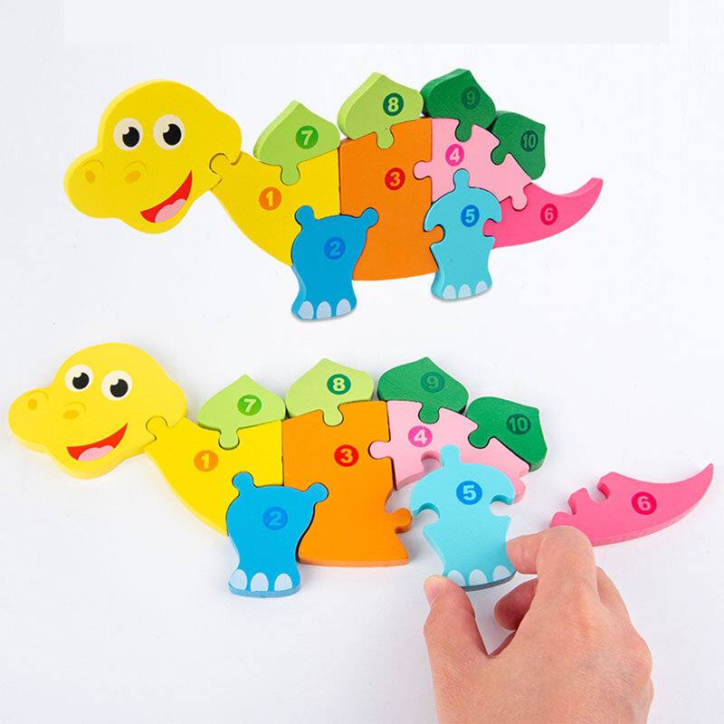 ديناصور خشبي ثلاثية الأبعاد لغز الحيوانات مونتيسوري الزرافة عدد الأسماك بانوراما الأطفال ألعاب تعليمية مضحكة
