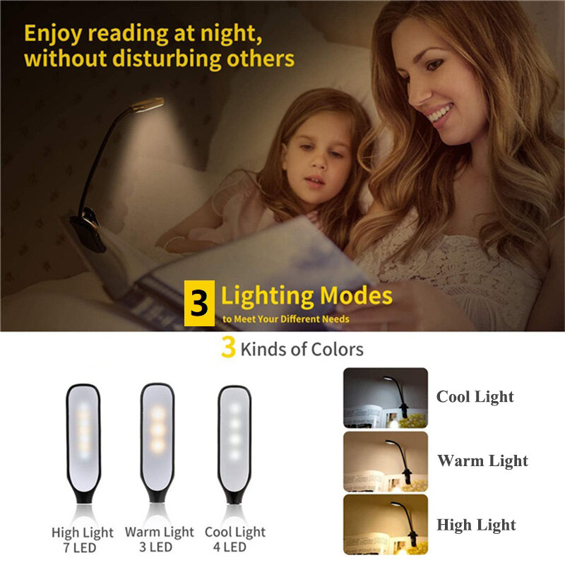 قابلة للشحن كتاب ضوء 7 LED القراءة الخفيفة مع 3-Level دافئ كول الأبيض ضوء النهار مرنة سهلة كليب ليلة القراءة مصباح في السرير