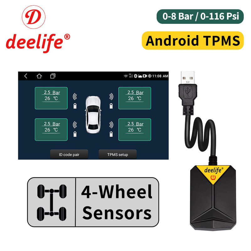ديلايف نظام مراقبة أندرويد لضغط الإطارات والإطار الاحتياطي, مشغل دي في دي لراديو السيارة، مستشعر خارجي وداخلي، USB TMPS