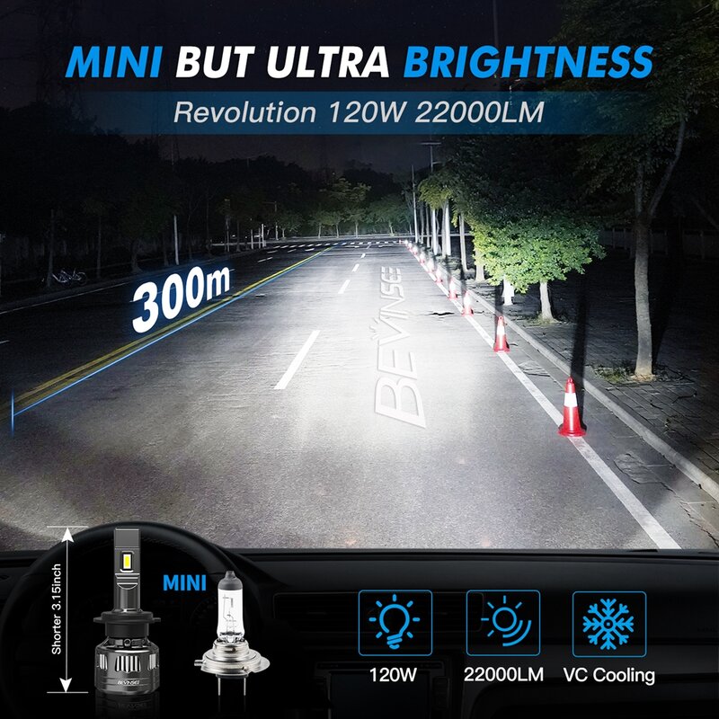 مصابيح أمامية للسيارة من Bevinsee-LED في Canbus ، H4 ، H7 ، H11 ، H1 ، H3 ، 9005 ، HB3 ، 9006 ، HB4 ، H8 ، 9012 ، 120 واط ، طاقة عالية ، 22000LM ، 6000K, V45