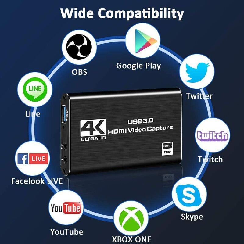 بطاقة التقاط الصوت والفيديو 4K HDMI إلى USB 3.0 ، بطاقة التقاط 1080 بكسل ، 60 إطارًا في الثانية ، جهاز تسجيل الألعاب للبث المباشر لجهاز PS4