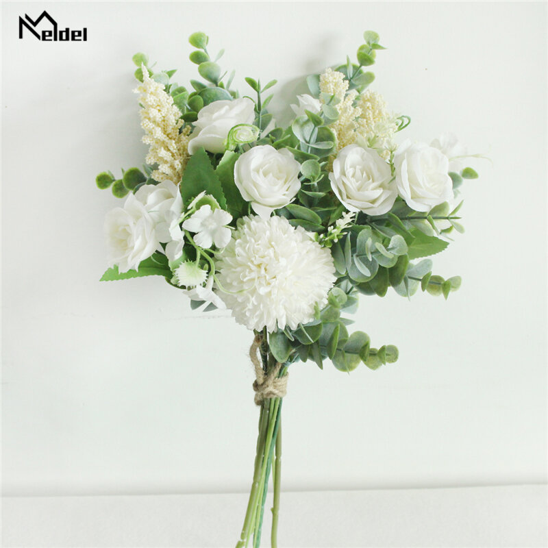 Meldel-باقة من الورود الاصطناعية من الحرير الصناعي ، والزهور ، وديكور الزفاف ، للعروس ، والأوكالبتوس على طراز الغابة