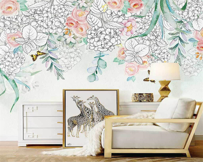 ورق حائط من beibehang يتميز بتصميم عصري مخصص بألوان مائية جديدة مرسومة يدويًا على شكل زهور وفراشات رعوية في الأماكن المغلقة ورق حائط على شكل زهرة