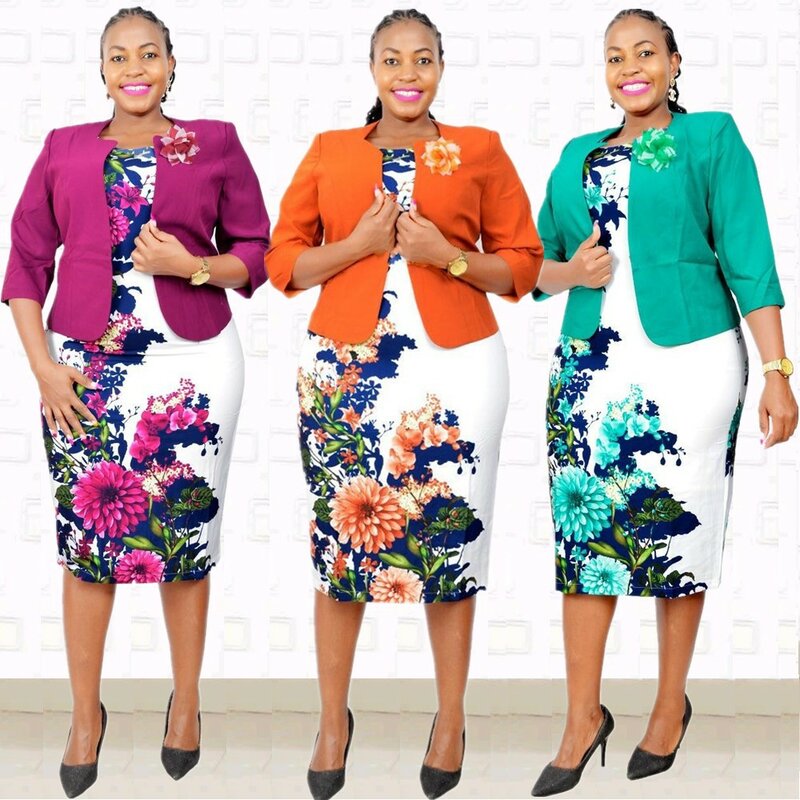 2XL 6XL كبيرة الحجم فساتين الأفريقية للنساء Dashiki طباعة فستان سترة قطعتين مجموعة مكتب سيدة البدلة سترة وتتسابق الربيع