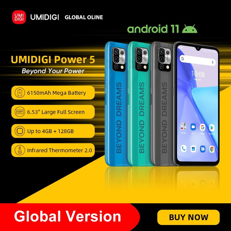 هاتف ذكي UMIDIGI-Power 5 الإصدار العالمي ، هاتف أندرويد 11 ، Helio G25 ، كاميرا ثلاثية 16 ميجابكسل آي ، بشاشة عرض كاملة