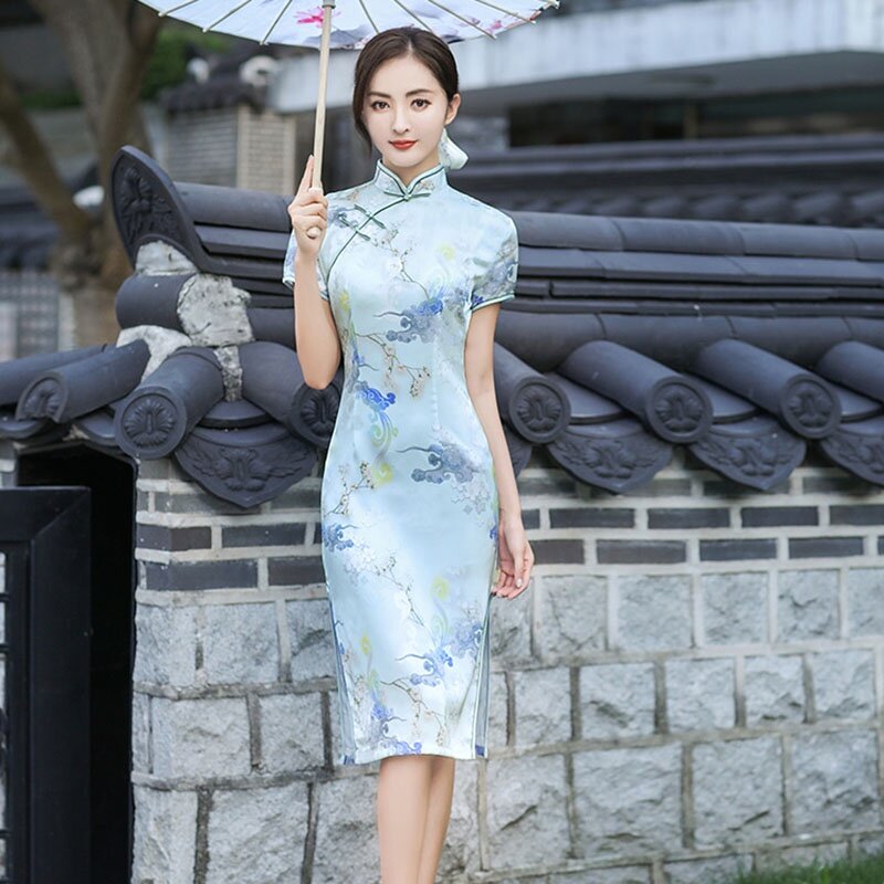 فستان صيفي تقليدي للسيدات فستان كلاسيكي بأكمام قصيرة من Cheongsam فساتين ضيقة من M إلى 5XL