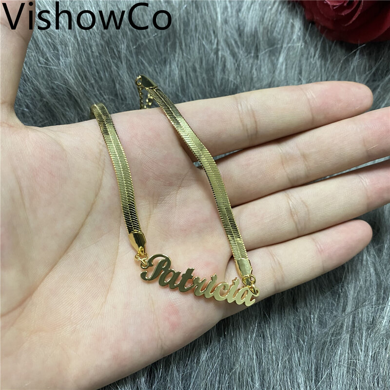 VishowCo مخصص اسم خلخال الفولاذ المقاوم للصدأ ثعبان سلسلة شخصية رسالة اسم قلادة خلخال مجوهرات للنساء هدية
