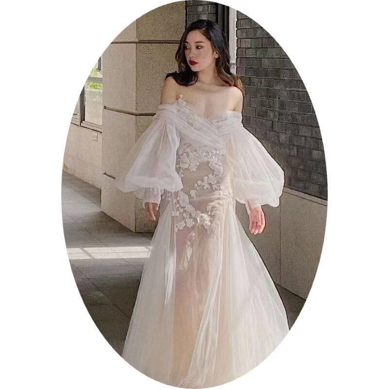 فستان زفاف مثير من الدانتيل ، غمد ، أكمام منتفخة ، لون الشمبانيا ، 2021