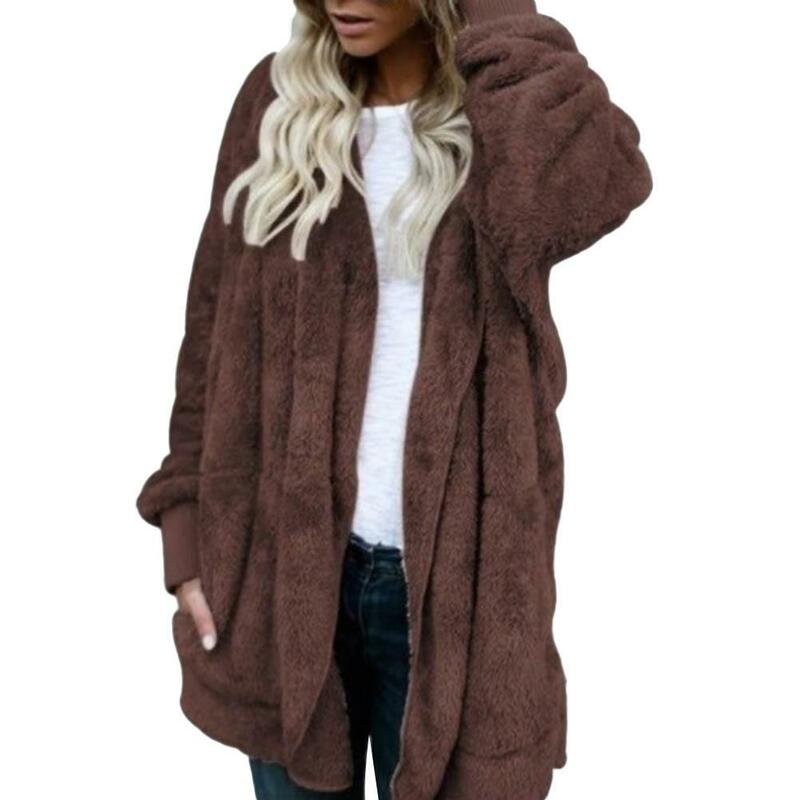 80% مبيعات ساخنة! الشتاء المرأة سترة معطف حجم كبير الصلبة فو الفراء معطف مقنع كم طويل الخريف الشتاء معطف دافئ