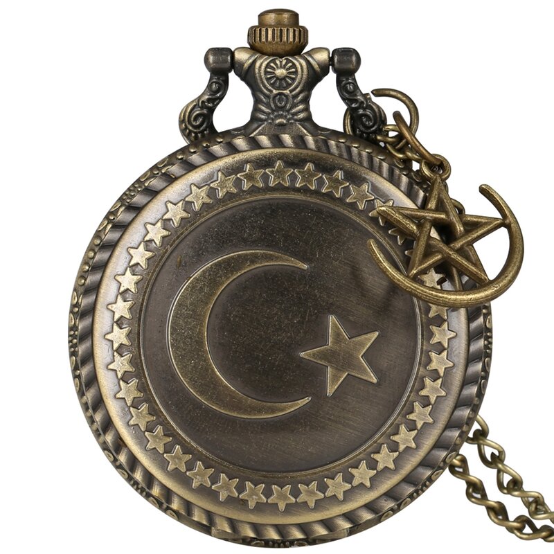الرجعية البرونزية تركيا العلم تصميم القمر ستار دائرة الكوارتز العتيقة ساعة الجيب الشرير قلادة قلادة للرجال النساء مع ملحق