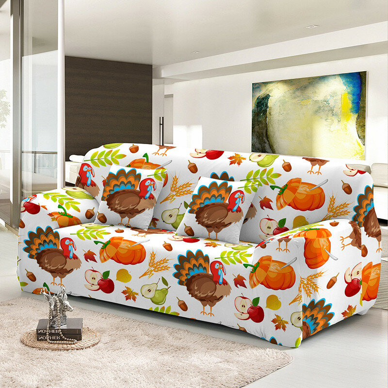غطاء أريكة مطاطي لغرف المعيشة بتصميم رسوم كرتونية ليوم الشكر 1/2/3/4 غطاء منزلق للمقاعد قابل للغسيل غطاء أريكة قابل للغسيل