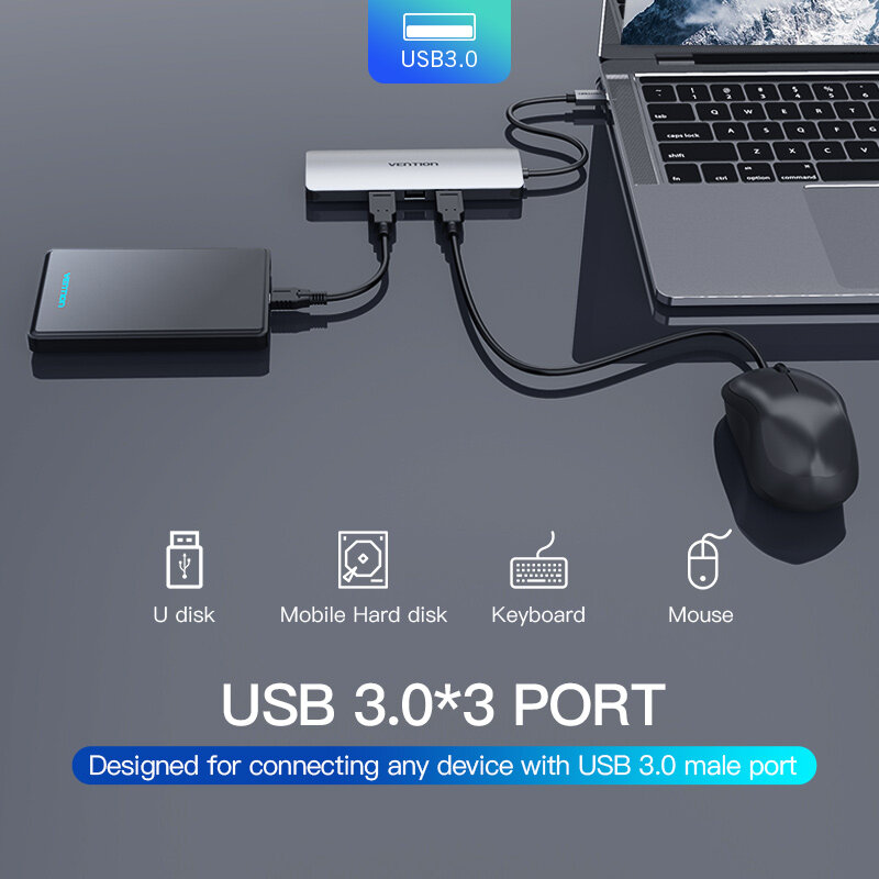 Vention الصاعقة 3 قفص الاتهام محول محور USB C إلى HDMI RJ45 USB 3.0 الصوت والفيديو الخائن لماك بوك سامسونج هواوي USB C محول