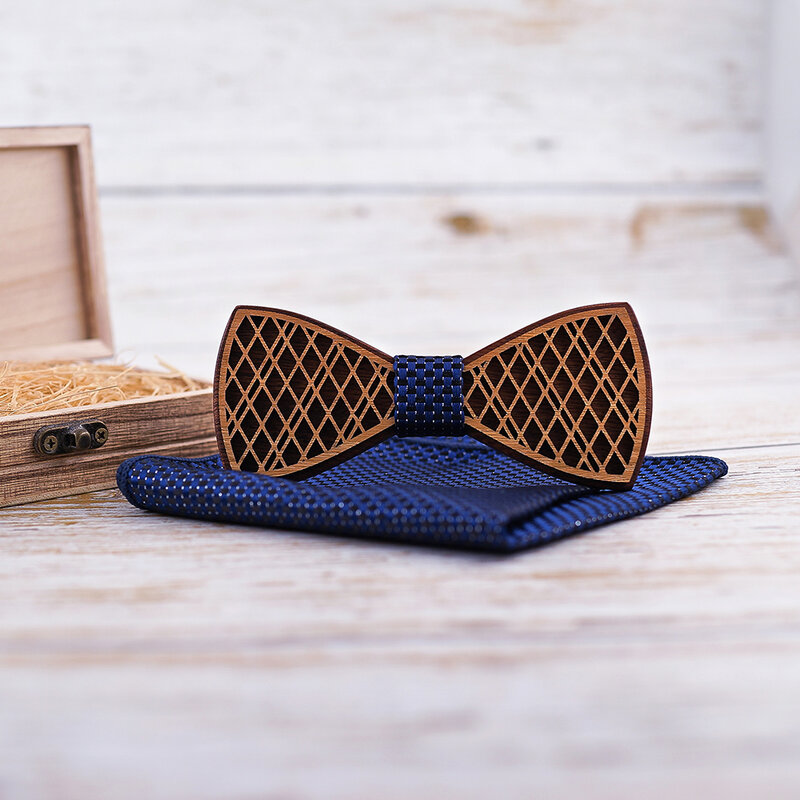 تصميم جديد طبقة مزدوجة رابطة خشبية الرجال الخشب ربطة العنق أزرار أكمام مجموعة ماركة الأعمال الكفة الروابط لحفل الزفاف الأزرق الداكن التعادل