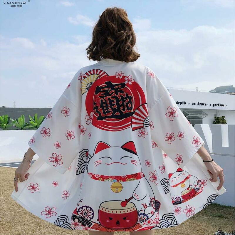 سترة بنمط ياباني من Lucky Cat كيمونو ملابس الشارع الشهير ملابس Harajuku رداء بتصميم ياباني سترة سوداء وبيضاء للرجال والنساء للصيف