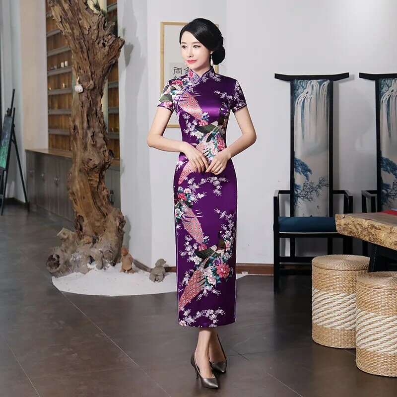 فستان ساتان أرجواني مثير للنساء ، ملابس يومية غير رسمية ، شيونغسام صيني طويل مع طباعة الأزهار ، مقاس S M L XL XXL 3XL 0162