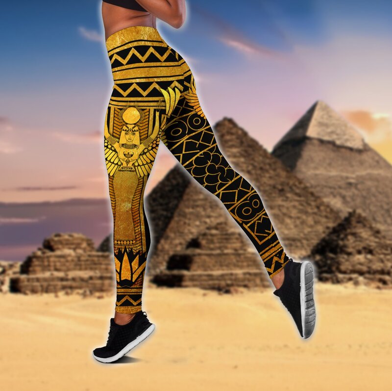 ملكة المصرية الوشم ثلاثية الأبعاد مطبوعة الجوف تانك توب و طماق مجموعة اللياقة البدنية الإناث كامل طول سراويل يوجا LKB-16