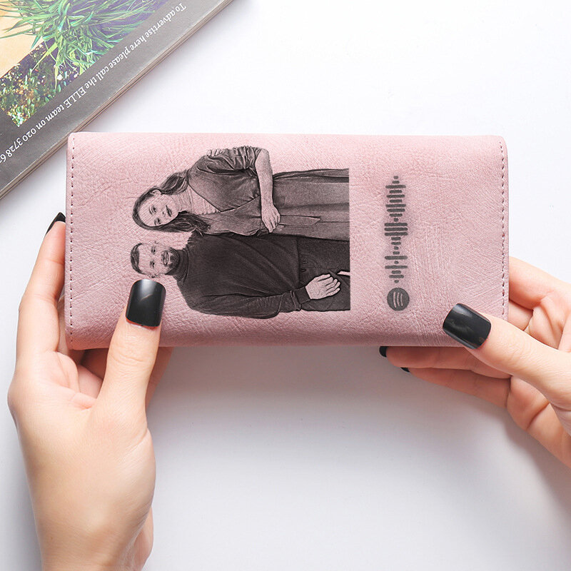 جديد مخصص Scannable سبوتيفي المرأة المحفظة السيدات فانوس طويل محفظة صورة مخصصة منحوتة الوردي محفظة هدية عيد الأم المحفظة