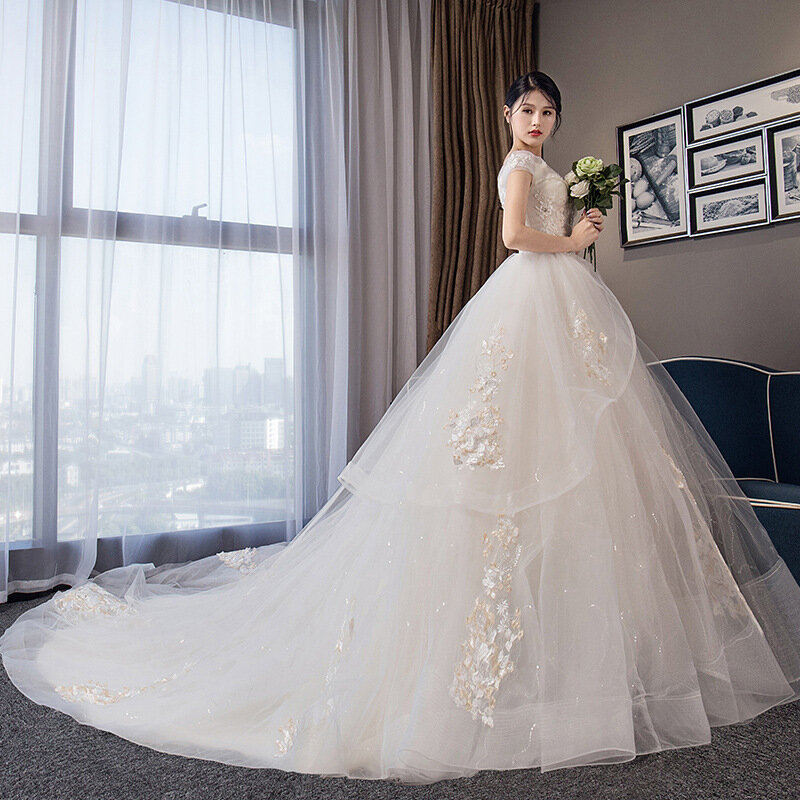 فستان زفاف 2021 فاخر رقبة قارب بأربطة على شكل كرة قبالة الكتف الأميرة Vestido De Noiva تخصيص
