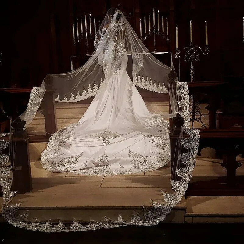 فاخر ترتر الحجاب الزفاف الدانتيل زين حافة 5 متر طول الكاتدرائية الحجاب الزفاف تول مع مشط اكسسوارات الزفاف