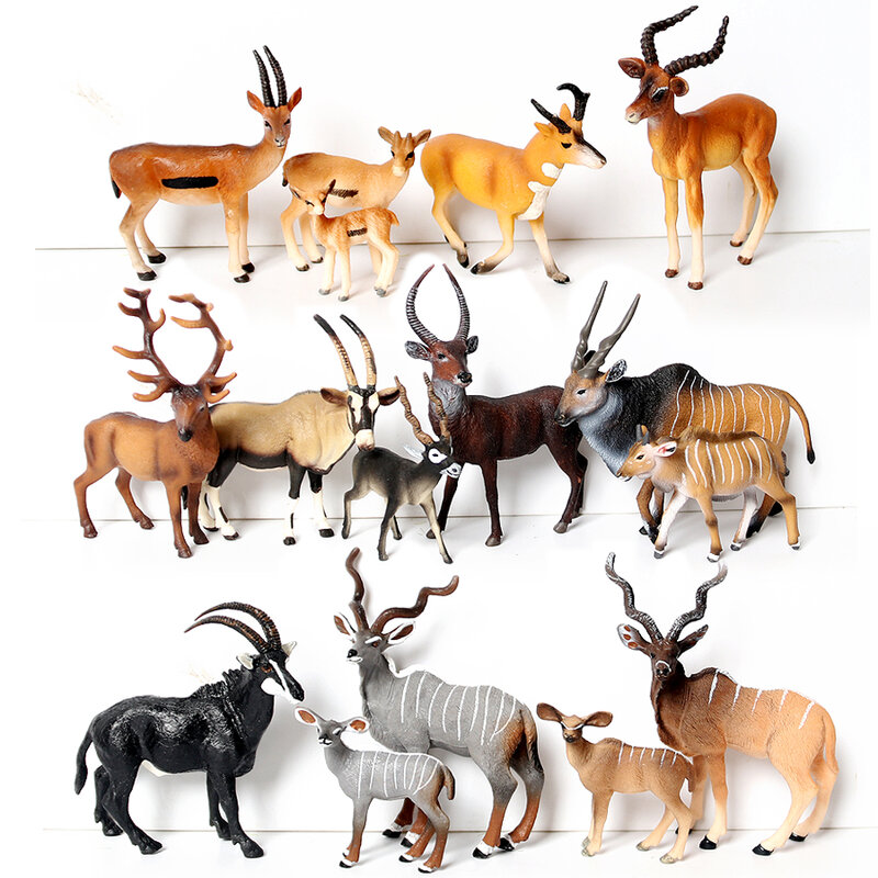 محاكاة أشكال حيوانات الغابات البرية ، الظباء ، الغزال ، Kudu ، Argali ، نموذج عمل Blackbuck ، التماثيل ، حفلة تعليمية تفضل اللعب