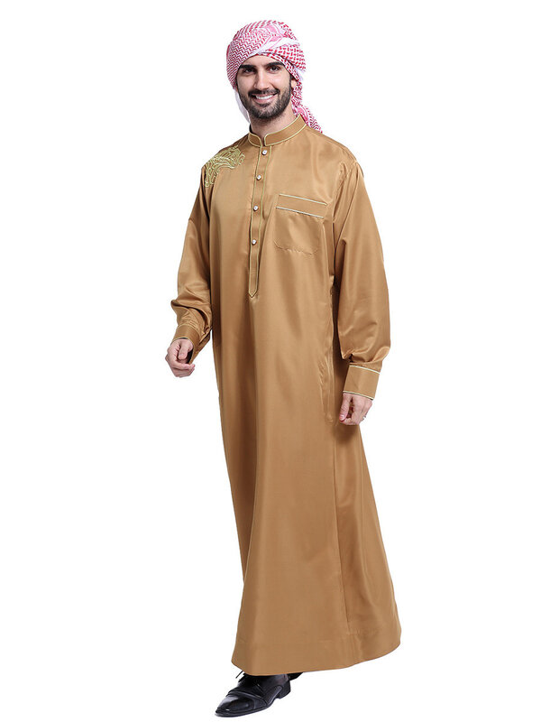 جديد مسلم مغربي طويل الأكمام الرجال الإسلامية التطريز بلون رداء العربية قفطان السعودية دبي ملابس الرجال عباية العبادة