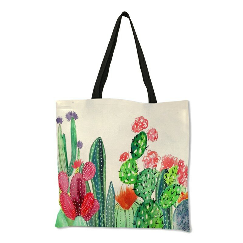 حقيبة كتان نسائية بطبعة الصبار ، حقيبة حمل متعددة الأغراض ، ألوان مائية ، تسوق ، 2018