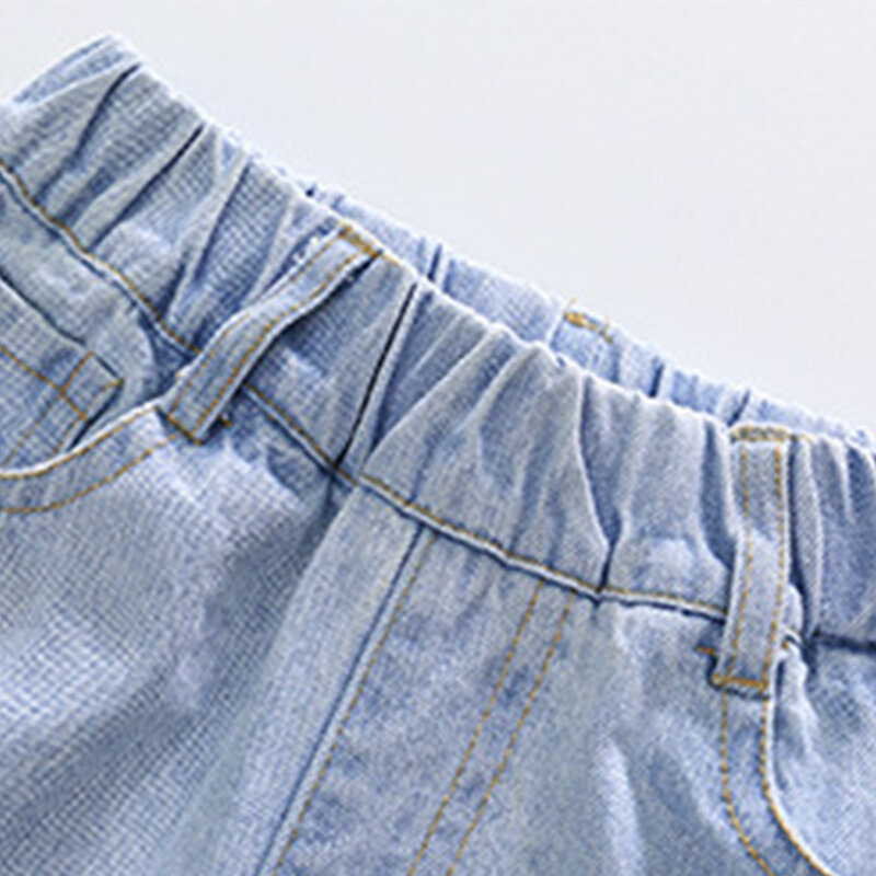 بنطلون جينز ممزق فضفاض للأطفال البنات صيفي بجيوب مرنة على الخصر بنطلون جينز واسع الساق للارتداء اليومي هيب هوب