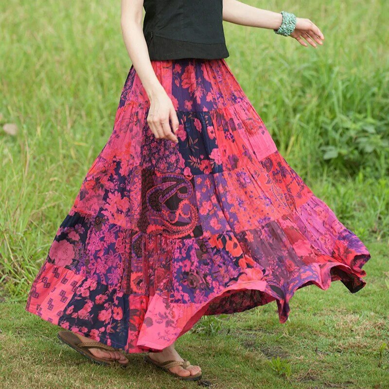 البوهيمي تنورة مطبوعة تنورة الشاطئ عطلة السفر التنانير الطويلة العرقية الربط تنورة التنانير النسائية 2021