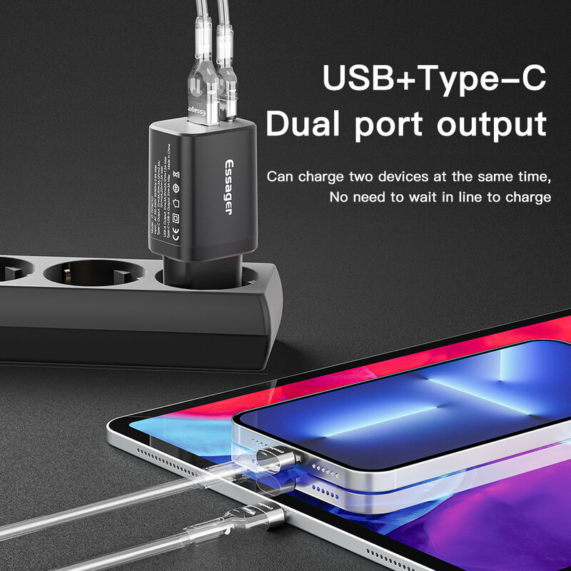 إساجرشاحن USB سريع من النوع Cمحول صغير، محمول، ثنائي المنافذ، لهاتف IPhone 14 13 12 IPad Xiaomi شاحن جداري، 30 واط، 3.0 QC PD